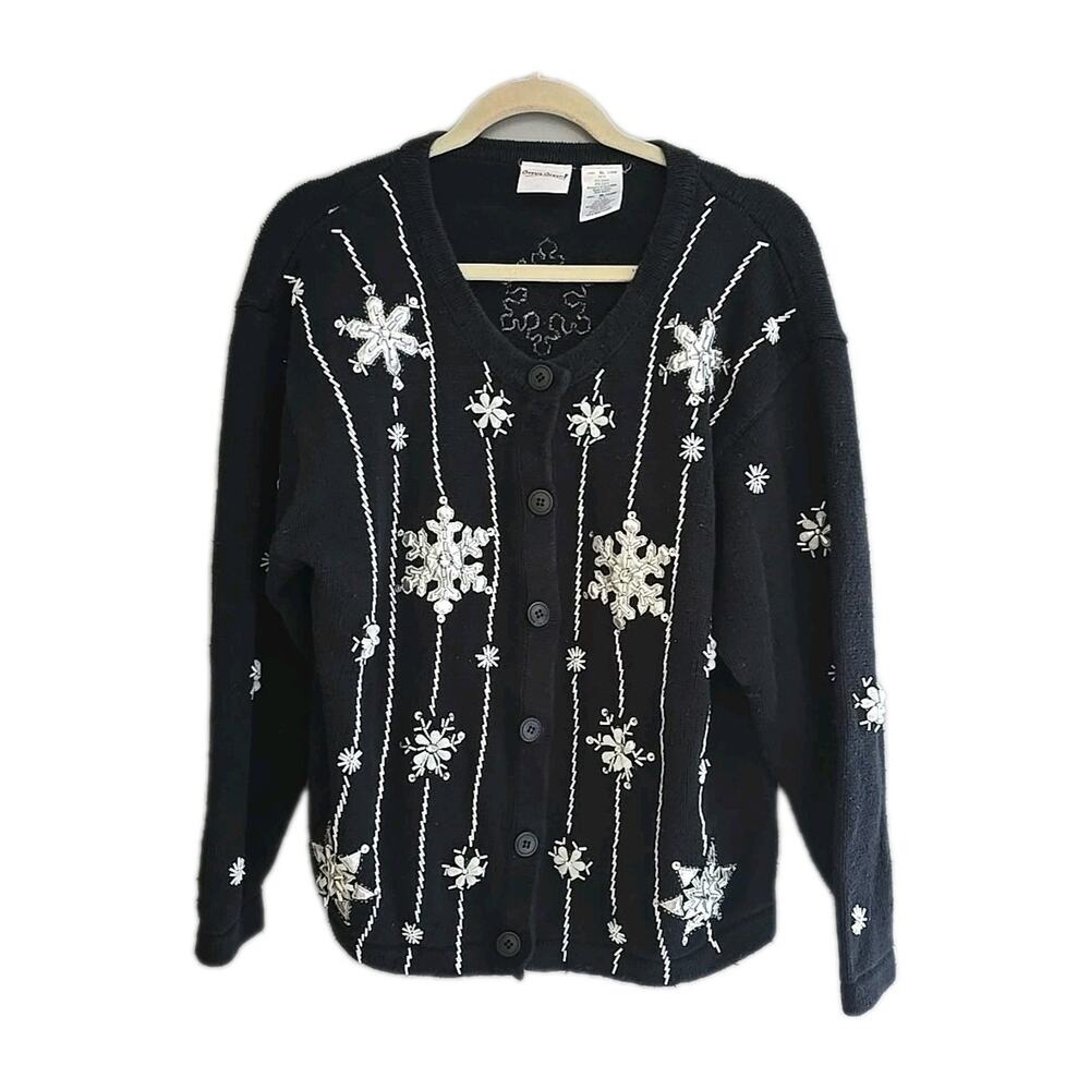 Vtg‎ Bobbie Brooks Black Snowflakes Beaded Knit Cardigan Sweater Womans Size XL
